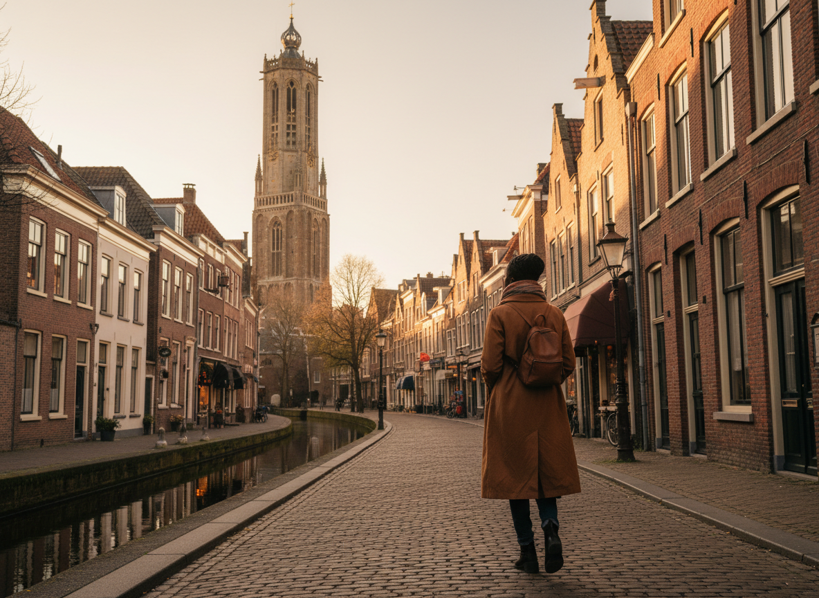 A dark-skinned Black woman walking alone through Utrecht, seen strictly from behind, positioned to the right side of the frame leaving open space on the left, full body visible with clear space below her feet, the iconic Dom Tower (Domtoren) clearly and prominently visible rising tall in the background sky on the left side, historic Utrecht streets with cobblestones and canal houses, warm afternoon golden hour light, no face visible at all, calm and reflective mood, natural photography style, warm muted earth tones, cinematic quality, wide angle shot
