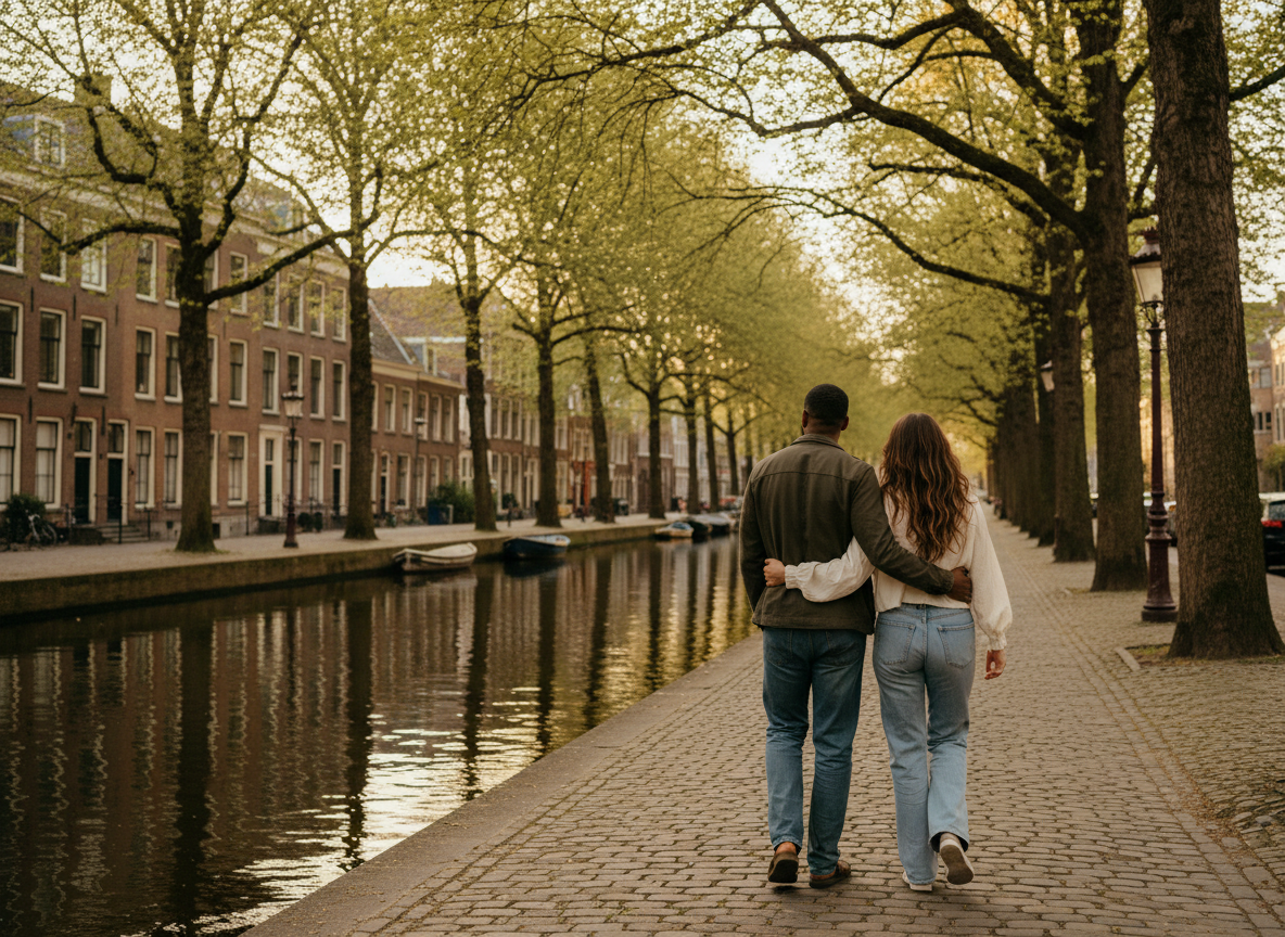 A couple walking together from behind along the Singel canal in Utrecht, Netherlands. The man has dark skin and is wearing dark wide-leg jeans and a casual top. The woman has long brown hair and is wearing wide-leg jeans. They are walking close together as a couple, arms around each other or holding hands. The canal water is clearly visible on one side of the wide path. Tall trees line the path overhead, dappled warm afternoon light filtering through the leaves. Cobblestone path. Historic Utrecht architecture softly visible in the background. No faces visible — only their backs. Wide landscape composition. Cinematic, warm, intimate mood.