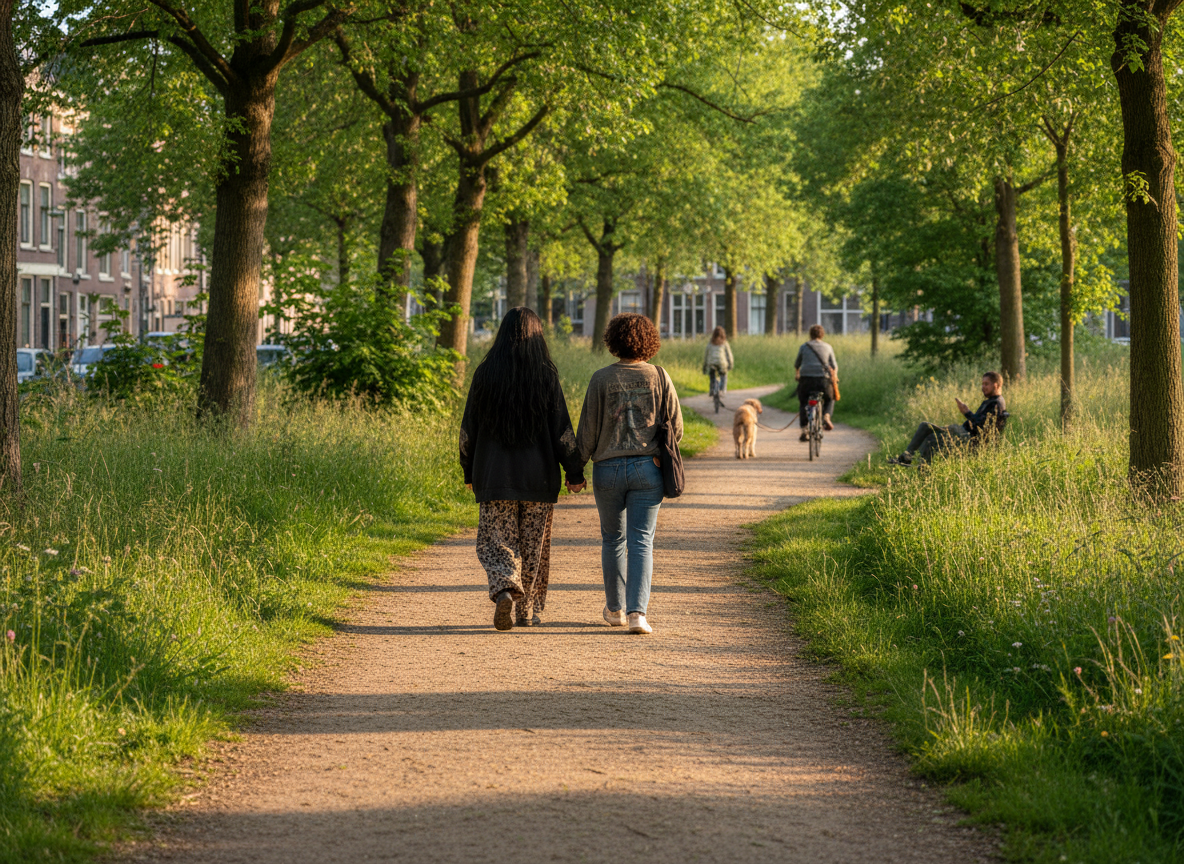A wide straight urban park path stretching far into the distance, perspective view down a long paved walkway, tall trees lining both sides, grass on the sides, open city park feel, soft natural light, bench visible on the side, no people, photorealistic, Wilhelminapark Utrecht style